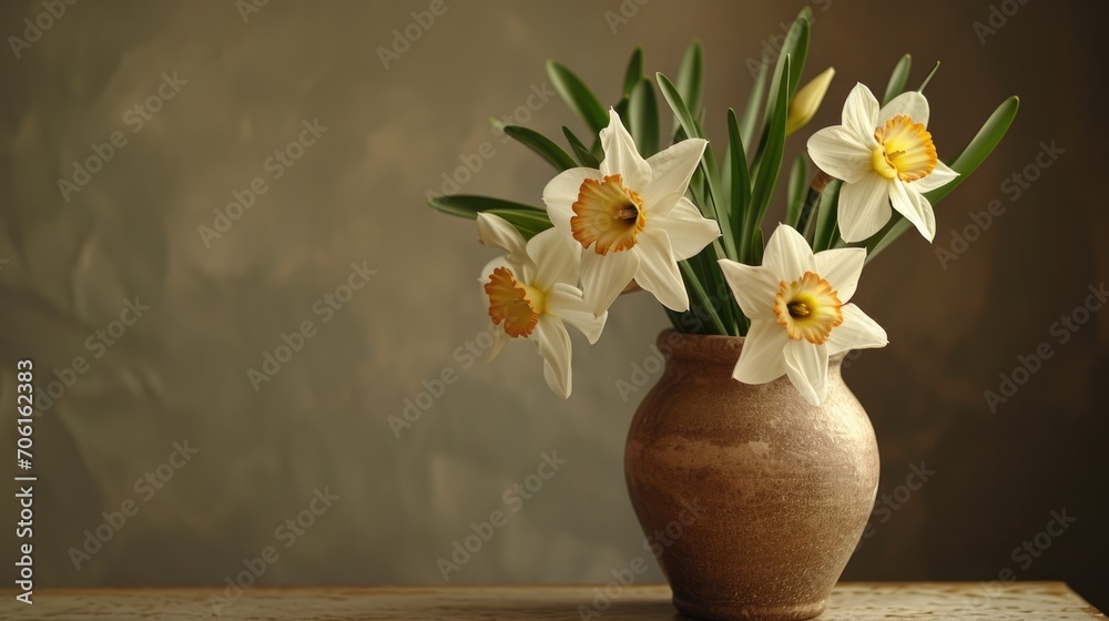 Blooming white daffodils in a decorative home vase. Blooming white daffodils in a decorative home vase.