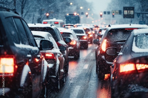 Modern cars are stuck in a traffic jam on a highway in winter. photo