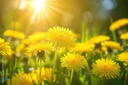 Yellow dandelion flowers with shallow focus being flooded with warm sunlight.