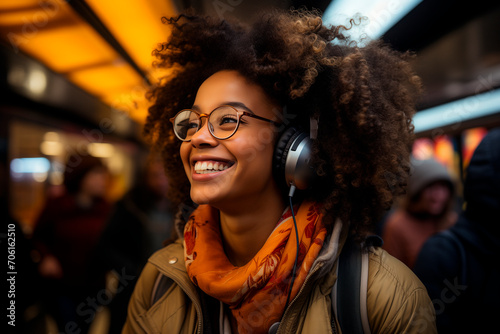 Happy and smiling young African American woman listens to a podcast and music at the station. medium shot with depth of field