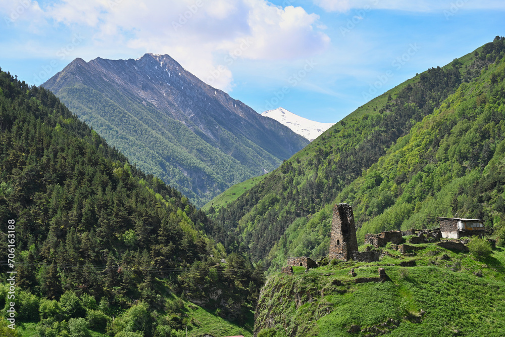 Ancient Ossetian ancestral tower in the Caucasus mountains
