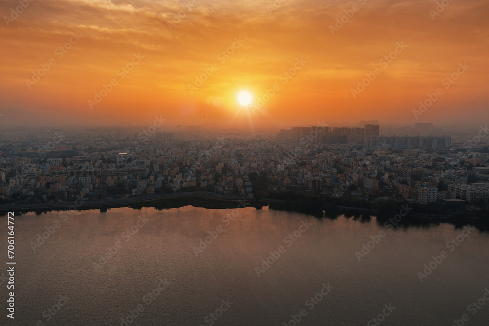 Fototapeta premium sun rises over Madiwala Lake in Bangalore, India