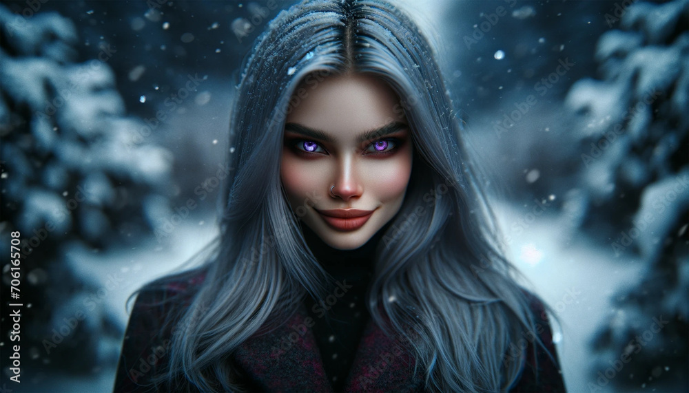 Photorealistic portrait of a 25-year-old girl model with long gray hair in a cold snowstorm, outdoors on a dark day. Photorealistic portrait of a 25-year-old girl model with long gray hair in a cold snowstorm, outdoors on a dark day.