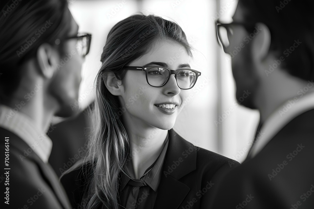 A young and beautiful bespectacled businesswoman is talking to her colleagues and discussing ideas and work plans. corporate leadership and teamwork. generative AI A young and beautiful bespectacled businesswoman is talking to her colleagues and discussing ideas and work plans. corporate leadership and teamwork. generative AI