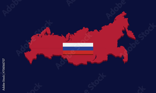 3D isometric map of the country of Russia complete with flag symbols and emblems, on a dark blue background