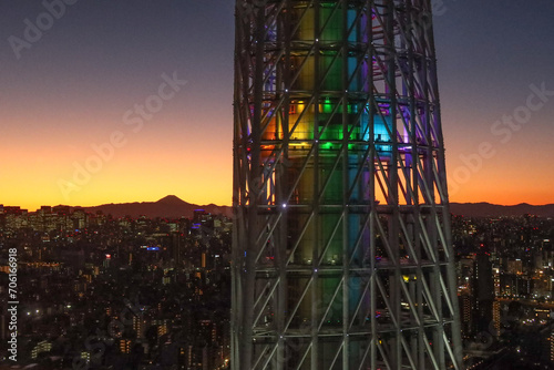 An evening Mt Fuji view from Solamachi building next to Tokyo Skytree in Tokyo, Japan. January 4, 2024