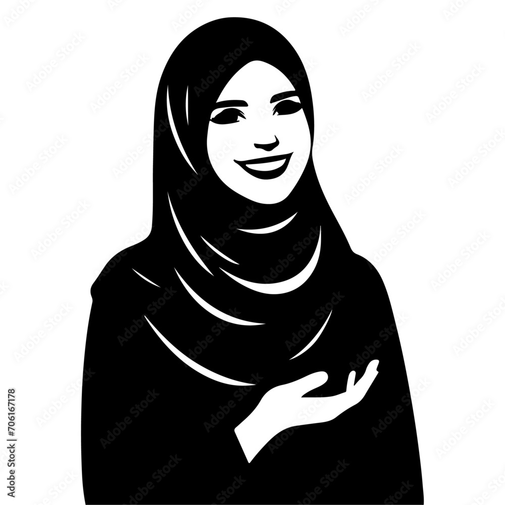 a smiling hijab woman flat vector silhouette, black color silhouette