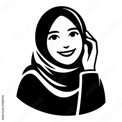 a smiling hijab woman flat vector silhouette, black color silhouette