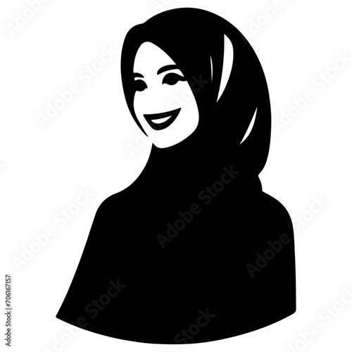 a smiling hijab woman flat vector silhouette, black color silhouette