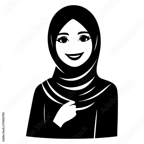 a smiling hijab woman flat vector silhouette, black color silhouette