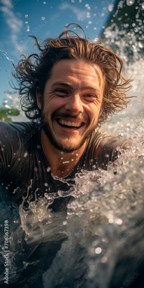 Obraz premium young man smiling and happy in the water, looks at the camera cheerful and radiant with joy.