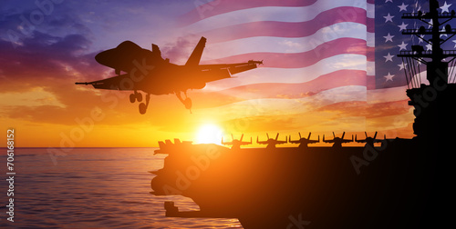 Aircraft carrier and warplane on sea sunset background. National flag of USA. NAVY forces. 3d illustration. photo