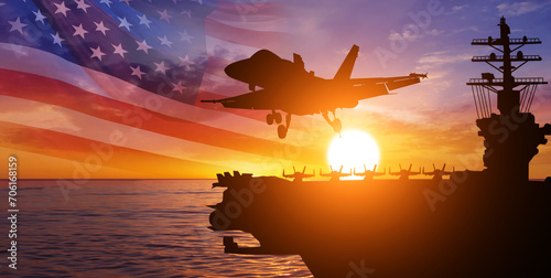 Aircraft carrier and warplane on sea sunset background. National flag of USA. NAVY forces. 3d illustration.