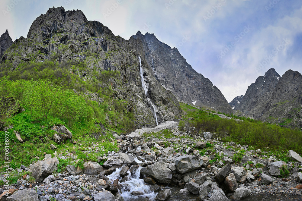 Panorama of the Midagrabin waterfalls on a cloudy day