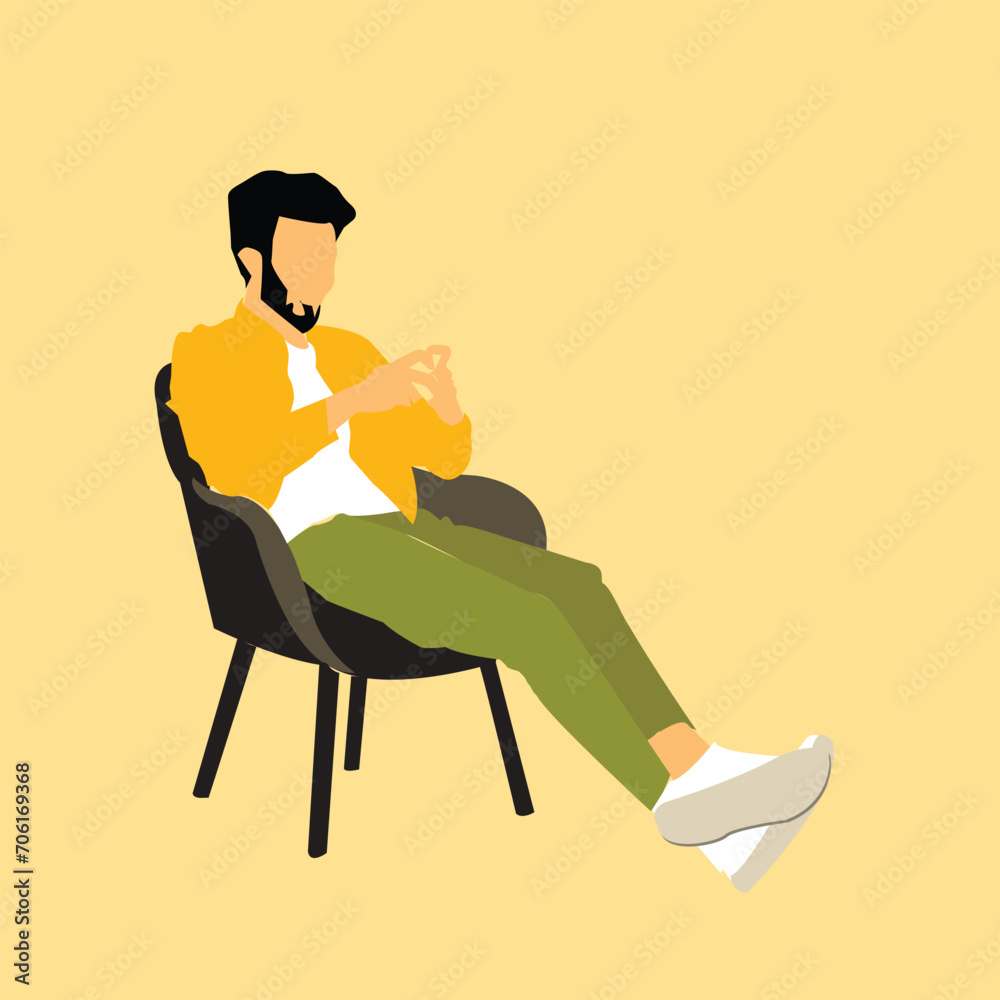 Fototapeta premium man in sitting position holding mobile phone vector illustration