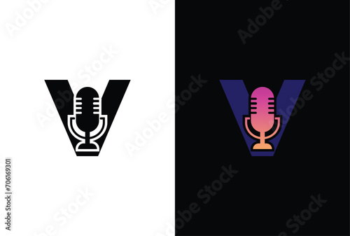 Letter V with podcast logo. V with suitable for podcasting, internet, brand, musical, digital, entertainment, studio template illustration.