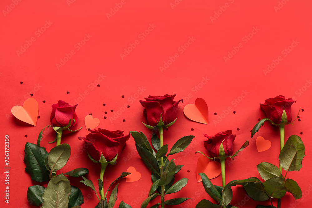 Beautiful roses with paper hearts and confetti on red background. Valentine's Day celebration Beautiful roses with paper hearts and confetti on red background. Valentine's Day celebration