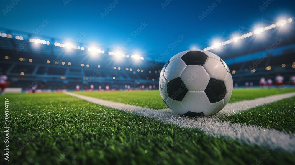 Naklejka premium Soccer Ball on Lush Green Pitch in Stadium