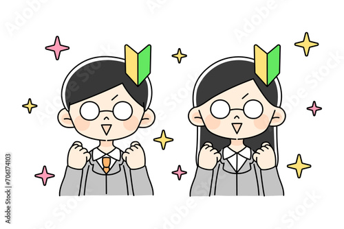 初心者マークとスーツのメガネ男女セット