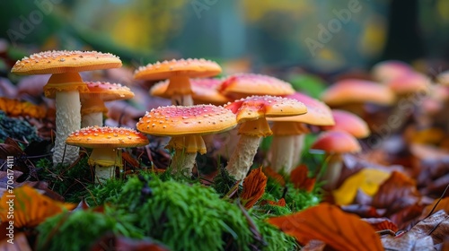 Wild Mushrooms Growing in Autumn Forest