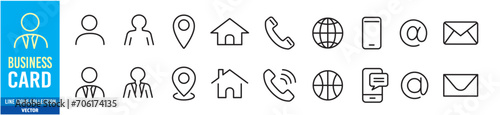 Business card, Contact information, Phone, Smartphone, Location, Address, Mail, Website, Man Woman line icon button, set vector illustration.
