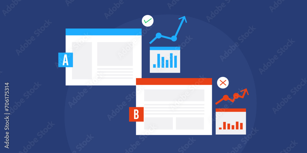 Website AB testing compare conversion rate with data analytics application, split test conceptual vector illustration.