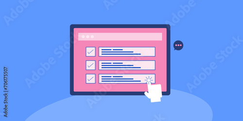 User finger touch screen filling online survey form on tablet screen, digital business checklist, customer feedback concept, vector illustration.