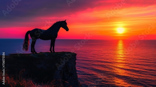 Majestic Horse Silhouette Overlooking Ocean Sunset © Susanti