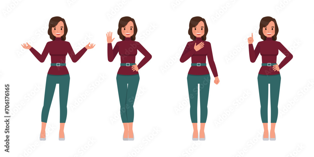 Obraz premium Set of working woman wear red sweater color character vector design. Presentation in various action. Businesswoman working in office planning, thinking and economic analysis.