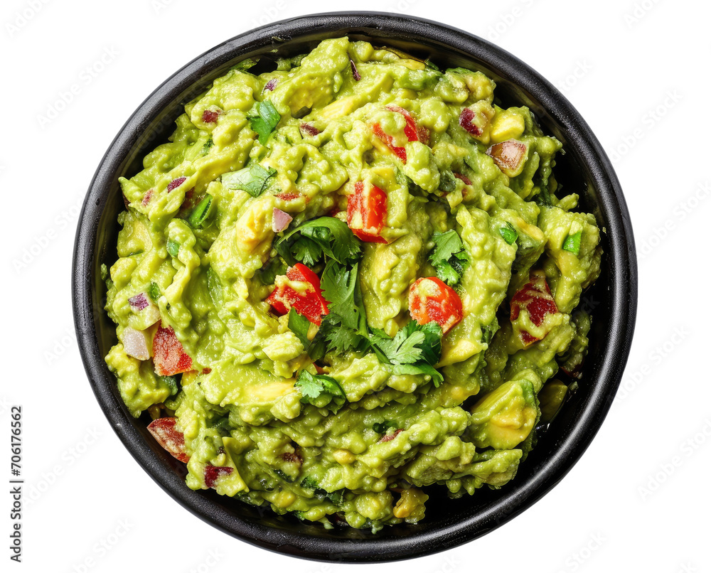 Black bowl with guacamole isolated on transparent background, top view