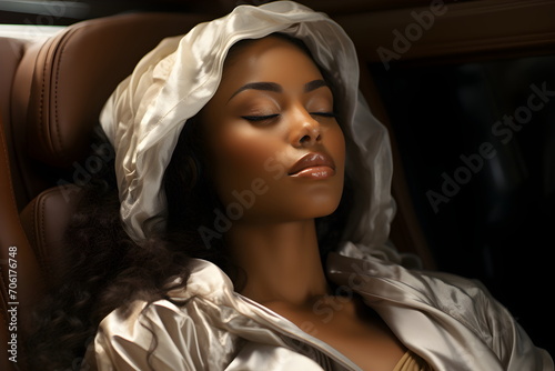 A beautiful young woman wearing a white robe lies on the coach with her eyes closed. It can mean many things ex She is resting, Waiting to receive beauty services or waiting to receive health service. photo