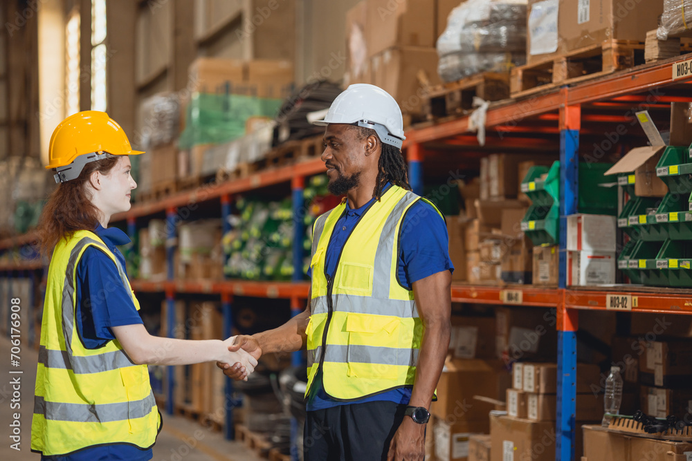 young lady worker hand shaking with black male staff supervisor for deal contact working team in cargo warehouse young lady worker hand shaking with black male staff supervisor for deal contact working team in cargo warehouse