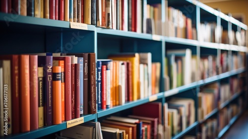 blur bookshelf with many books in school library