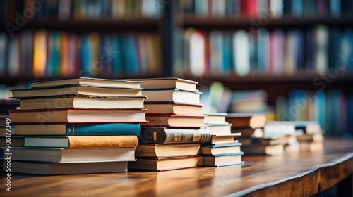 Stack of books in library room with blurred bookshelves background photo