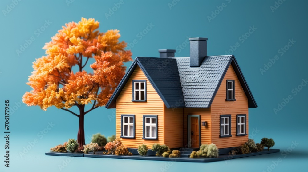 miniature house model in brown and blue tiles with plants