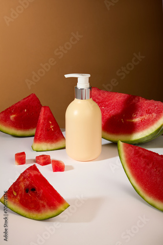 Blank label pump bottle in pastel color decorated with delicious watermelon over dark background. Cosmetic package mock up collection for cream, foams, shampoo