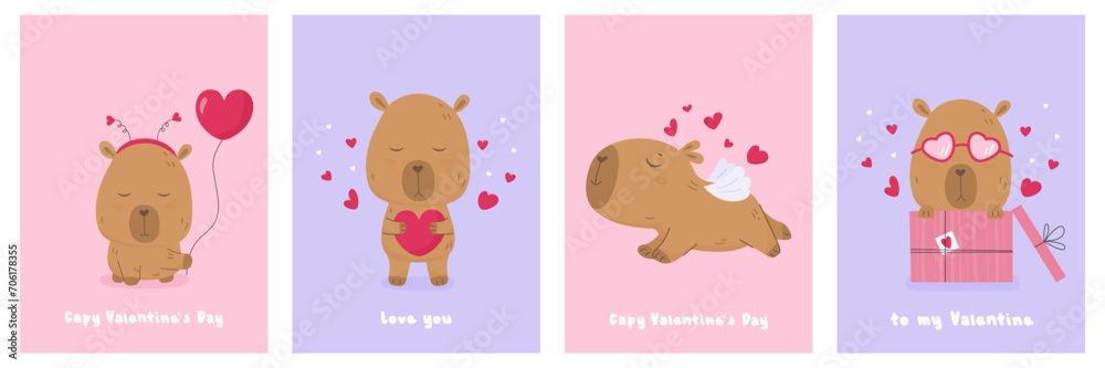 Valentine Day card set with cute lovely capybara Valentine Day card set with cute lovely capybara
