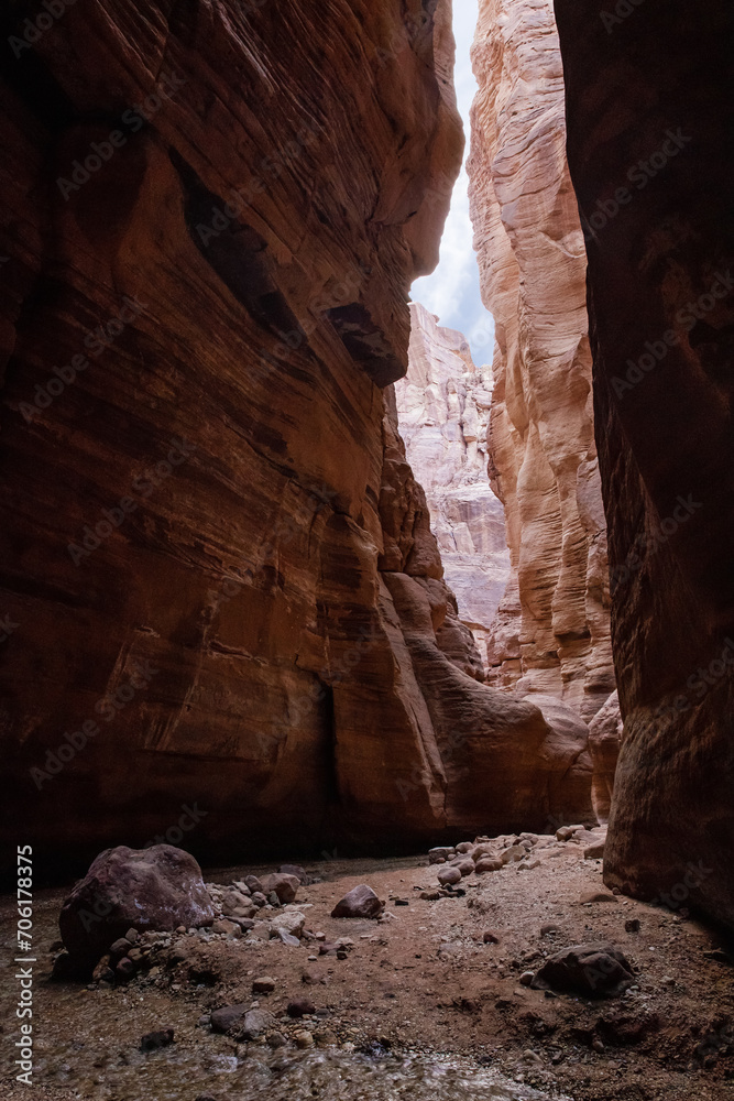 High  rocks with beautiful natural patterns at the end of the hiking trail in Wadi Numeira gorge in Jordan