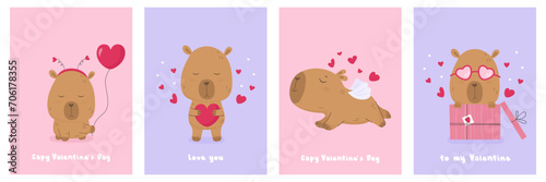 Valentine Day card set with cute lovely capybara