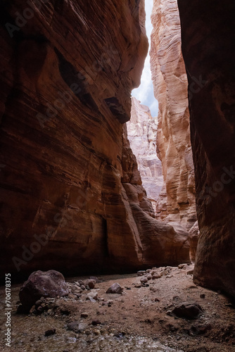 High rocks with beautiful natural patterns at the end of the hiking trail in Wadi Numeira gorge in Jordan
