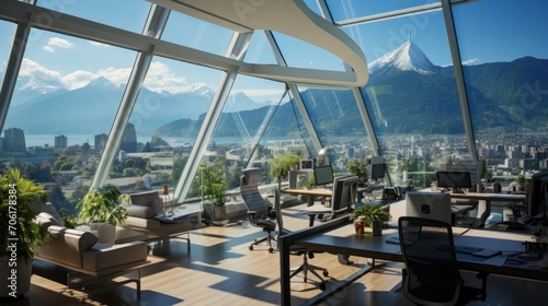 Modern open office space windows with great city and mountain views