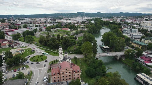 Banja Luka Bosnia and Herzegovina town with famous Cathedral, aerial view photo