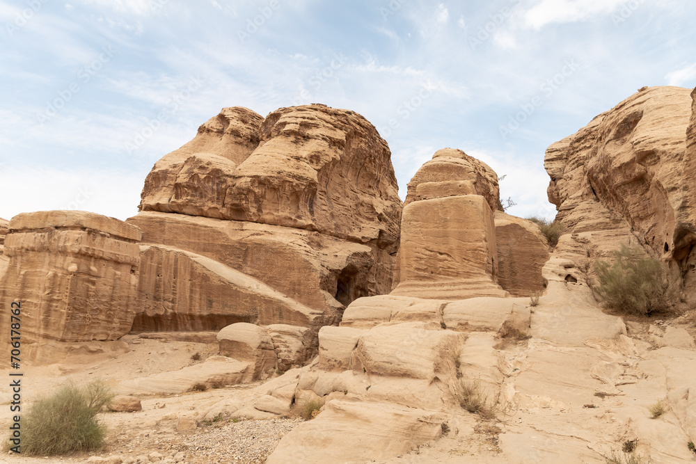 Guardian stones of Djinn blocks on outskirts of capital of the Nabatean kingdom of Petra in Wadi Musa city in Jordan