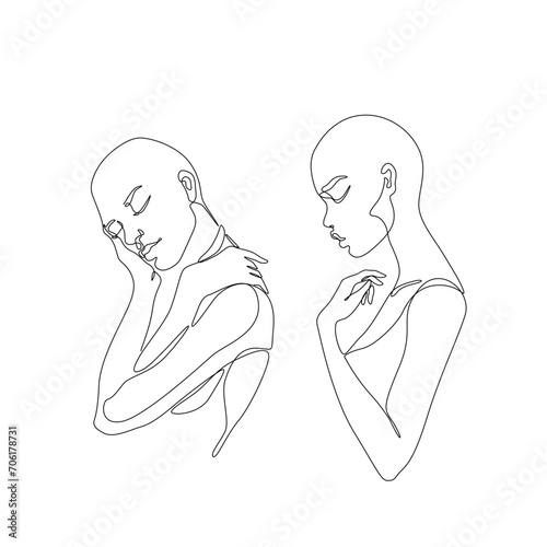 Woman abstract portrait, hairless girls is single line on white background, continuous line drawing, isolated vector illustration. Tattoo, print and logo design for spa or beauty salon. Line art.