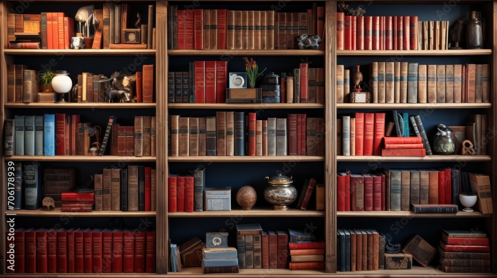 home library concept, Wooden bookshelf with many different old books home library concept, Wooden bookshelf with many different old books