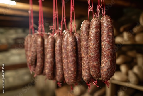 homemade sausages hanging from red strings in a traditional dryer