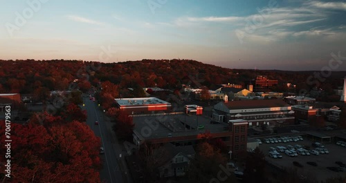 Fayetteville City At Dusk In Washington County, Northwest Arkansas. Aerial Drone Shot photo