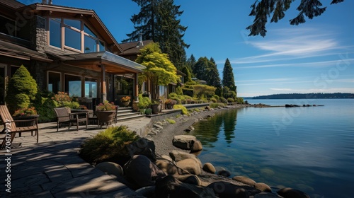 Magnificent waterfront home with ocean or lake views, expansive deck, front porch