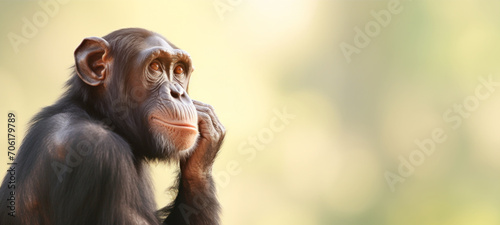 chimpanzee thinking with hand on its chin, staring thoughtfully, curious like asking a question, sitting and relax in the nature Concept biodiversity and wildlife conservation