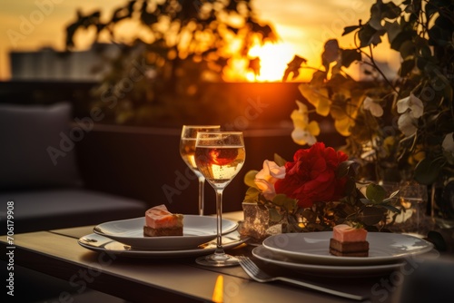 glasses of wine on a table on sunset , dinner time, fine dining